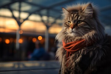 Portrait of a funny laperm cat on bustling airport terminal background