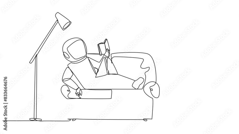 Poster animation of single continuous line drawing astronaut sitting stretched out on sofa reading book. re