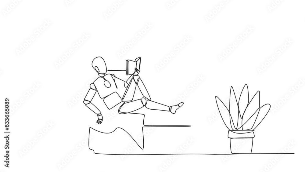Poster animation of single line drawing smart robot sitting stretched out on sofa reading book. really like