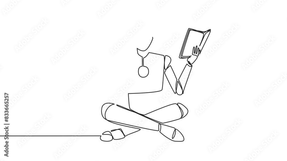 Poster animated self drawing of one line drawing smart robot sitting cross-legged reading book. accompanied