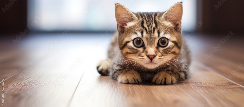 Poster portrait of an adorable tabby cat lying on the ground. creative banner. copyspace image
