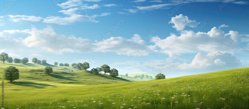 Poster quiet and lonely view of a meadow with sparse trees in the wind. Creative banner. Copyspace image