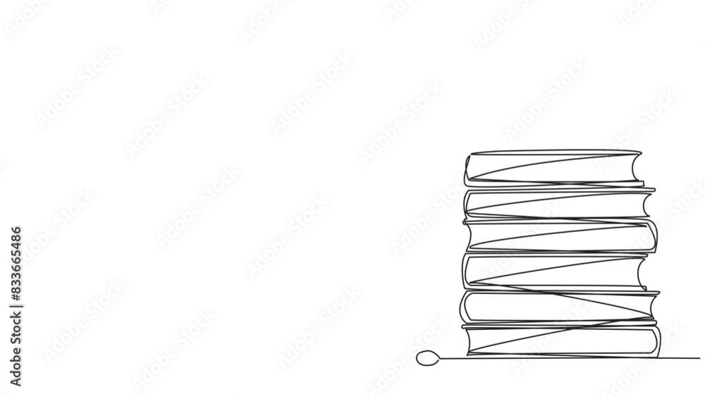 Poster animation of continuous line drawing smart robot standing reading book while leaning against a pile 
