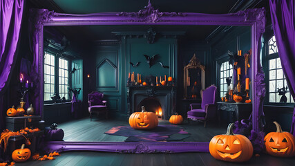 Obraz premium Creepy Halloween Decor: Eerie Castle in a Festive Autumn Frame