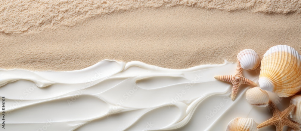 Poster flip flops with seashell and moisturizer cream on beach sand. creative banner. copyspace image