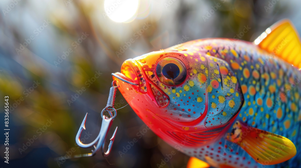 Wall mural Close-up shot of a colorful rubber fish with a sharp fishing hook attached, highlighting the realistic details used to attract fish. - Wall murals