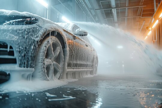 During my visit to the self-service carwash, the foam quickly covered my vehicle, and in a close-up view, the wet, soapy mixture created intricate patterns on the car's surface