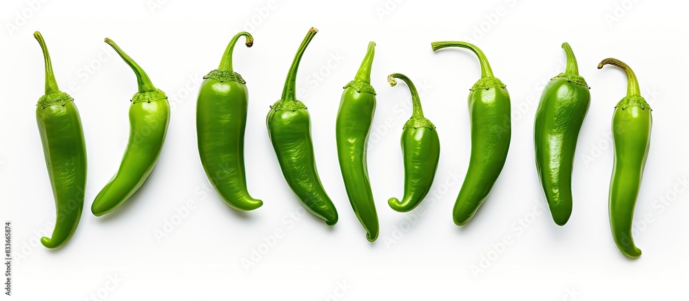 Poster a top down studio photograph of green chili peppers arranged in a flat lay composition captured agai