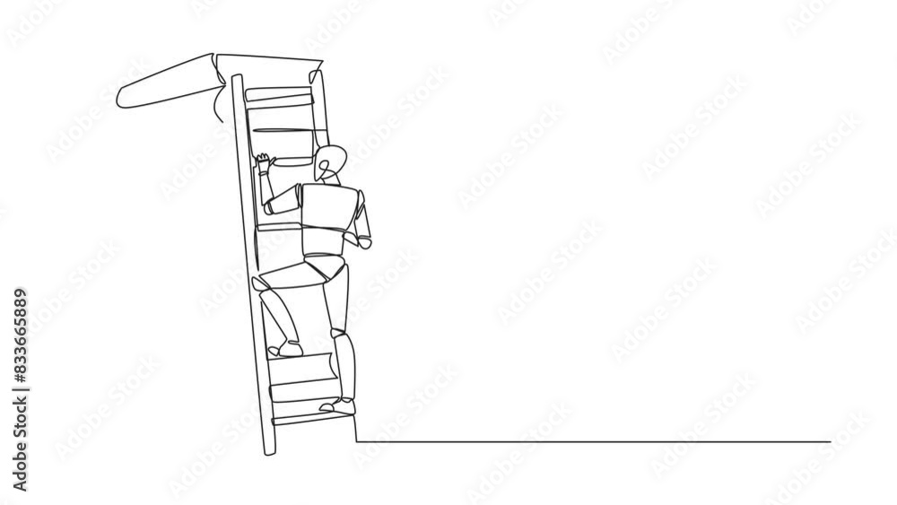 Poster animation of single line drawing smart robot climbs a large stack of books with a ladder. world wind