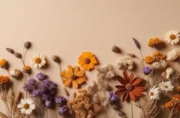 Dried flowers on a beige background. Herbarium