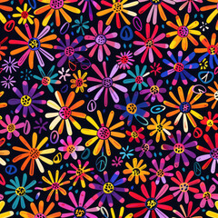Fototapeta premium Colorful abstract flower pattern, featuring stylized blooms in a seamless design. Ideal for printable wrapping paper and textile print projects. Endless repeating texture in flat vector style.