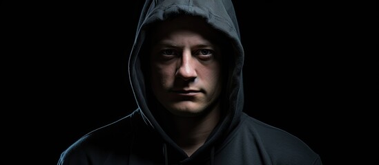 A photograph of a man wearing a hoodie against a black background copy space image