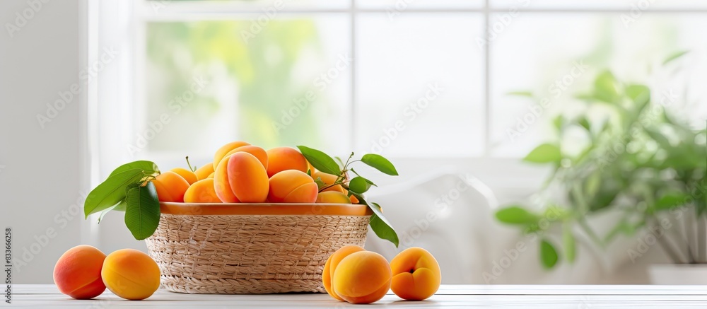 Poster a copy space image displaying a basket filled with vibrant apricots placed on a sleek white tile tab