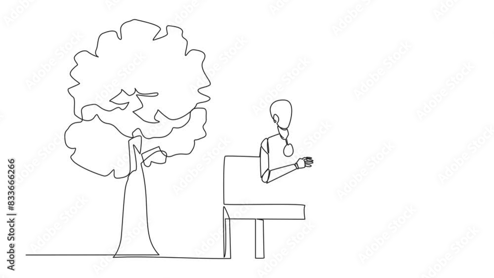 Poster animated self drawing of continuous one line drawing robot sitting on park bench reading book. learn