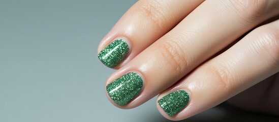 A female hand showcasing a flawless manicure with a glittery green nail polish design captured as a copy space image on a white background