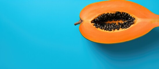 Top view copy space image of papaya an exotic fruit on a vibrant blue background