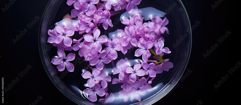Poster a top view of a black background with a copy space image of lilac flowers floating in a bowl of wate