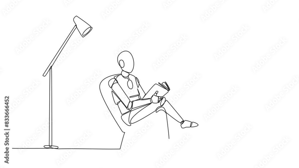 Poster animation of single continuous line drawing smart robot sitting reading in room with the reading lam