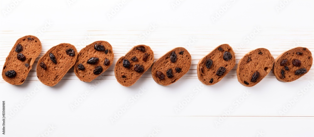 Poster a top down view of fresh brown bread slices with raisins placed on a white wooden background providi