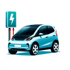 Vector illustration of an EV electric car being charged on a charging stand on a white background.
