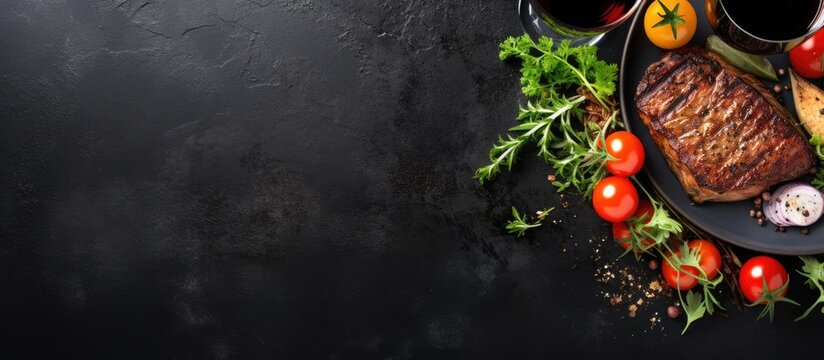 A top view of a grilled salmon fish steak served on a black stone table accompanied by a fresh vegetable salad and white wine Ample copy space is available