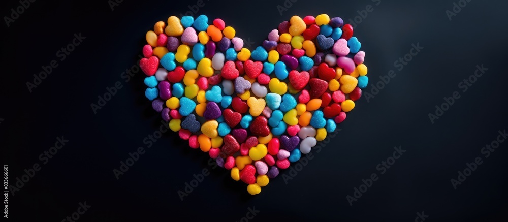 Poster a dark background provides the perfect canvas for a colorful heart made of candies allowing room for