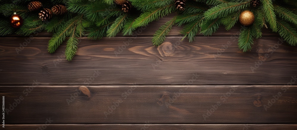 Poster A top down view of a spruce branch and wooden ornaments arranged in a text frame creating a Christmas or New Year composition with space for adding an image. Copyspace image