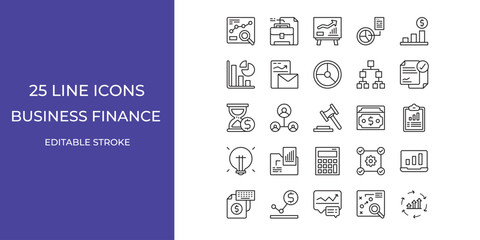 Business finance icon set vector design illustration stock editable stroke. pie chart, presentation, money and more