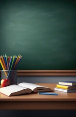 Back to school background with books and apple over blackboard.