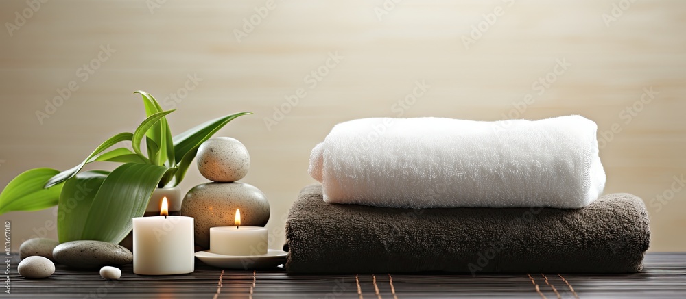 Poster a serene copy space image of a spa set placed on a white background with a plush green towel