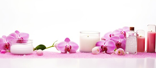A white background hosts a top view of various spa accessories such as candles towels salt and orchids These elements bring forth images of spa salons therapeutic treatments and indulgent beauty ritu