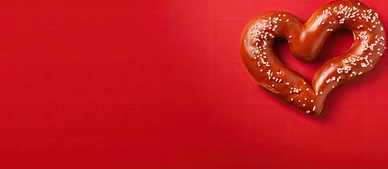A heart shaped pretzel is showcased in a copy space image against a vibrant red background