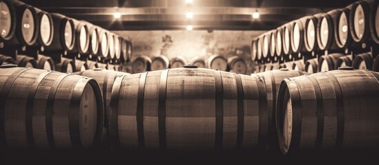 Vintage style wine barrels in the cellar of a winery captured in a closeup front view sepia toned image with copy space available