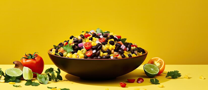 A copy space image of a Mexican vegetable salad featuring black beans radish and other ingredients placed on a vibrant yellow background