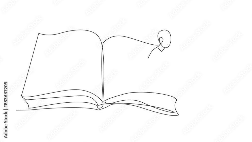 Poster animation of one line drawing smart robot sitting on the edge of a large open book. study before exa