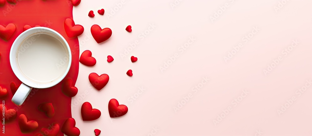 Poster valentine s day concept with a top down view of a color background featuring a white mug adorned wit