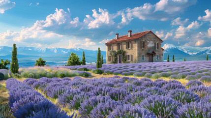 Detailed 3D rendering of a countryside house on a lavender farm, capturing the essence of rustic charm with endless rows of lavender under a blue sky.