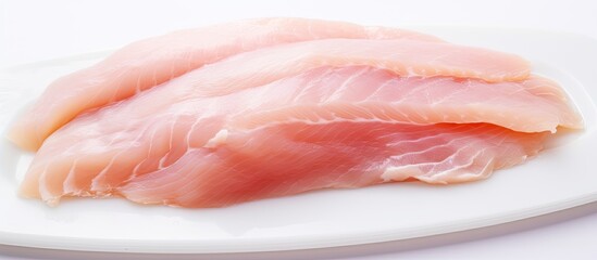 Image of a raw chicken fillet perfectly seasoned set against a clean white background providing ample copy space