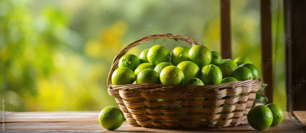 Poster a wicker basket filled with fresh ripe limes sits on a wooden table providing a perfect spot for add