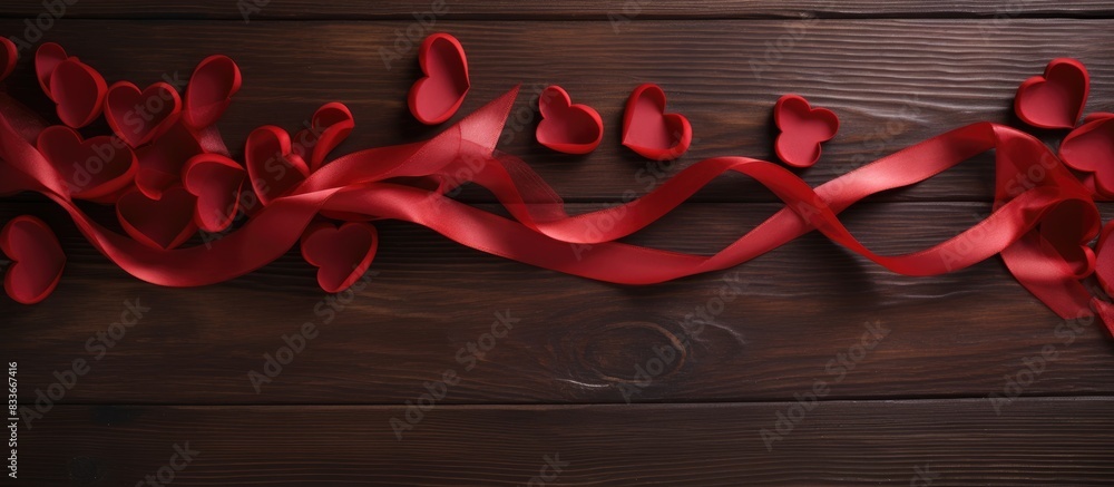 Poster a top down view of heart shaped ribbons on a wooden table creating a concept of valentine s day ther