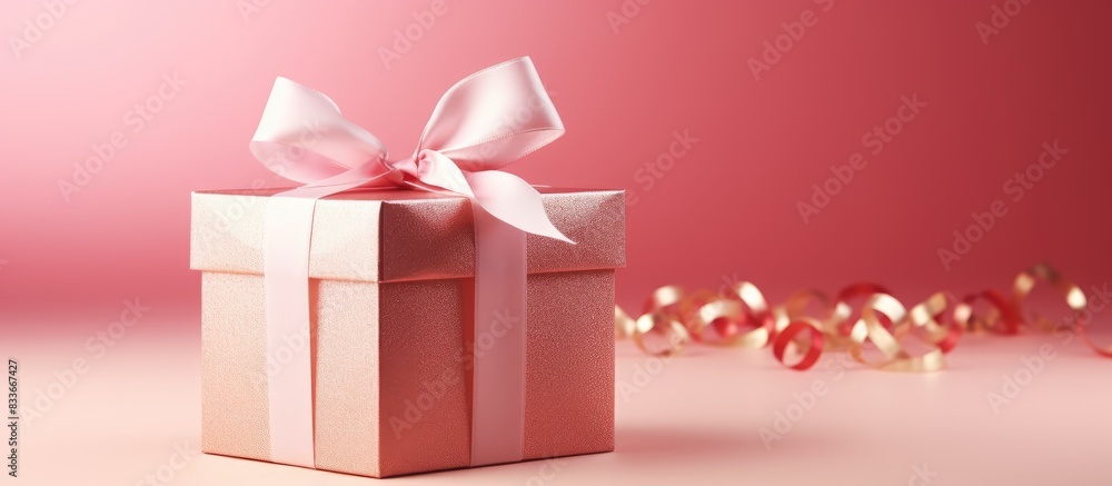 Poster in the copy space image a nicely decorated gift box with a red bow sits on one side set against a so