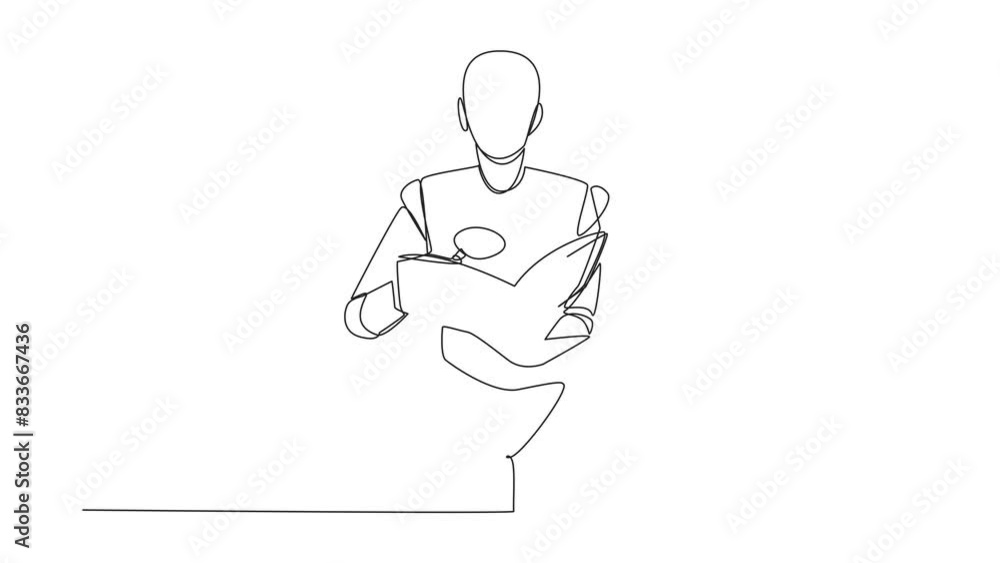 Poster self drawing animation of continuous line drawing robot reading book while holding a magnifier. smal