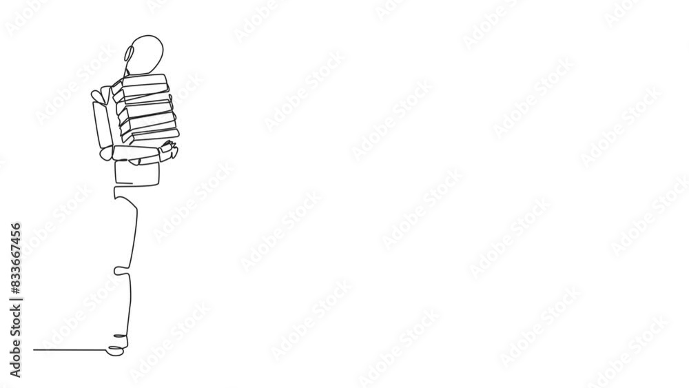 Poster animated self drawing of single line drawing robot standing hug some books. favorite book that finis