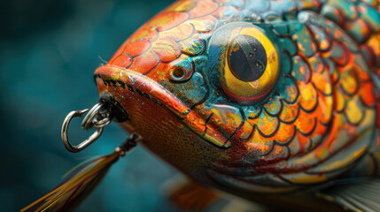 Detailed close-up of a rubber fish lure with a sharp fishing hook attached, showcasing its lifelike scales and vibrant colors designed to attract fish.