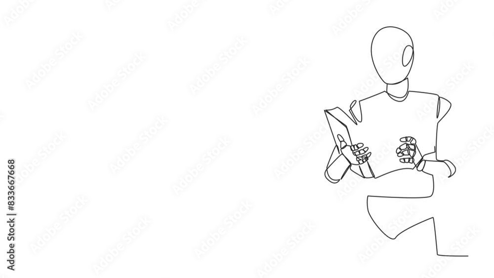 Poster self drawing animation of single line drawing robot artificial intelligence focus on reading. try to