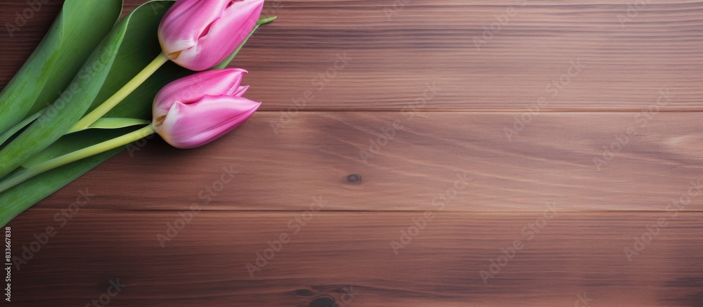 Poster a pink tulip flower on a wooden background with plenty of space for adding text or images. copyspace