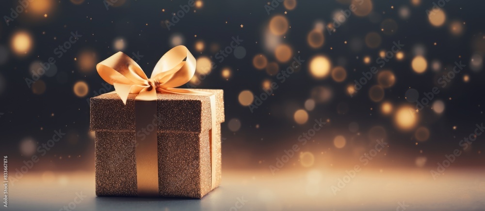 Poster bokeh blurred background with copy space image featuring a festive gift box and bell symbolizing joy