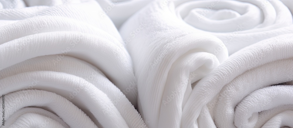 Aufkleber copy space image of neatly stacked and rolled soft white towels in a close up shot