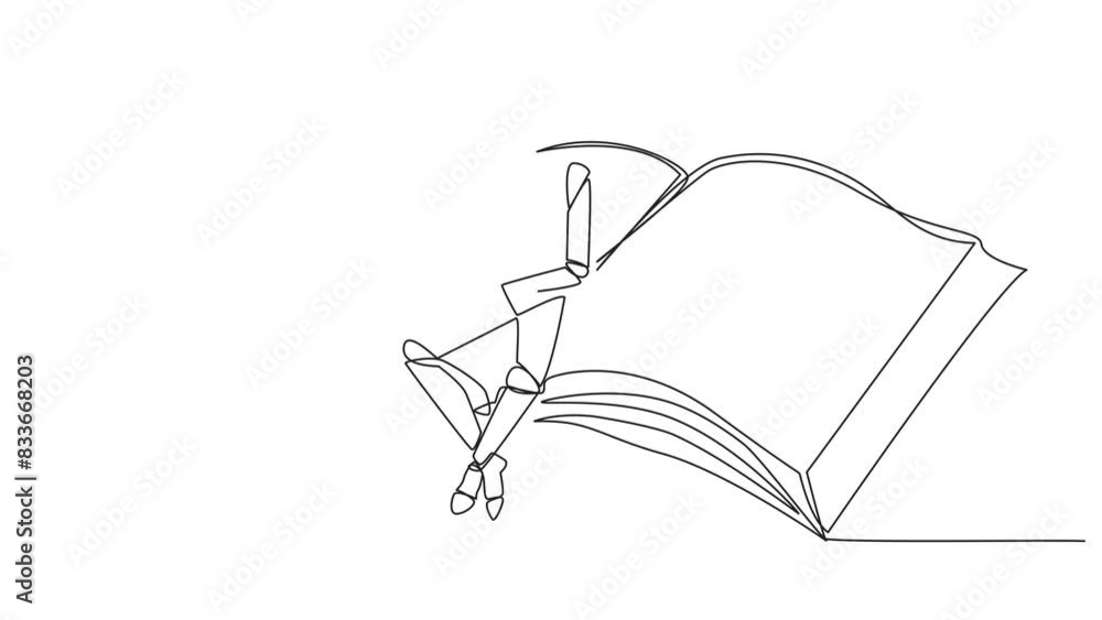 Poster animation of continuous line drawing smart robot sitting reading on large flying book. relax reading