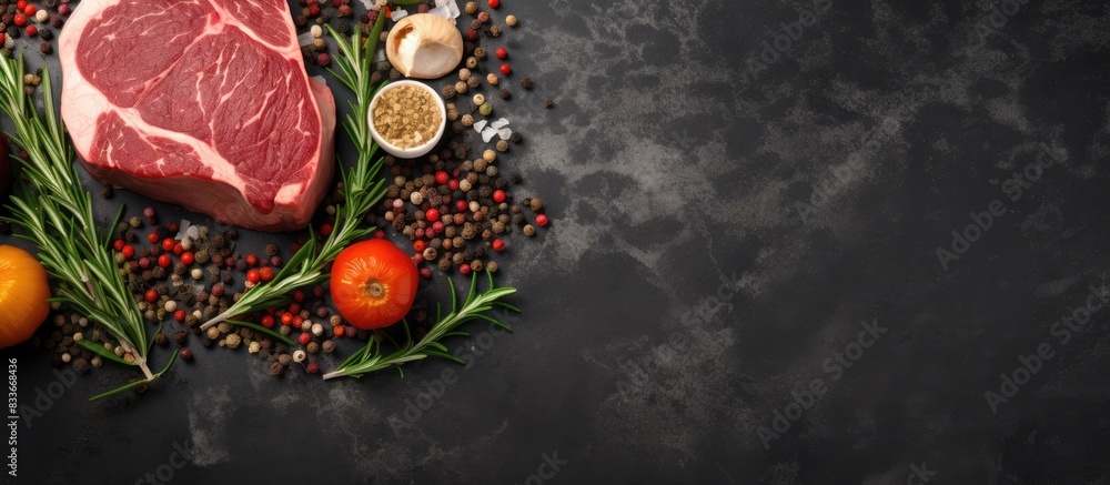 Poster a top down view of a raw beef steak accompanied by various herbs spices and other ingredients the im